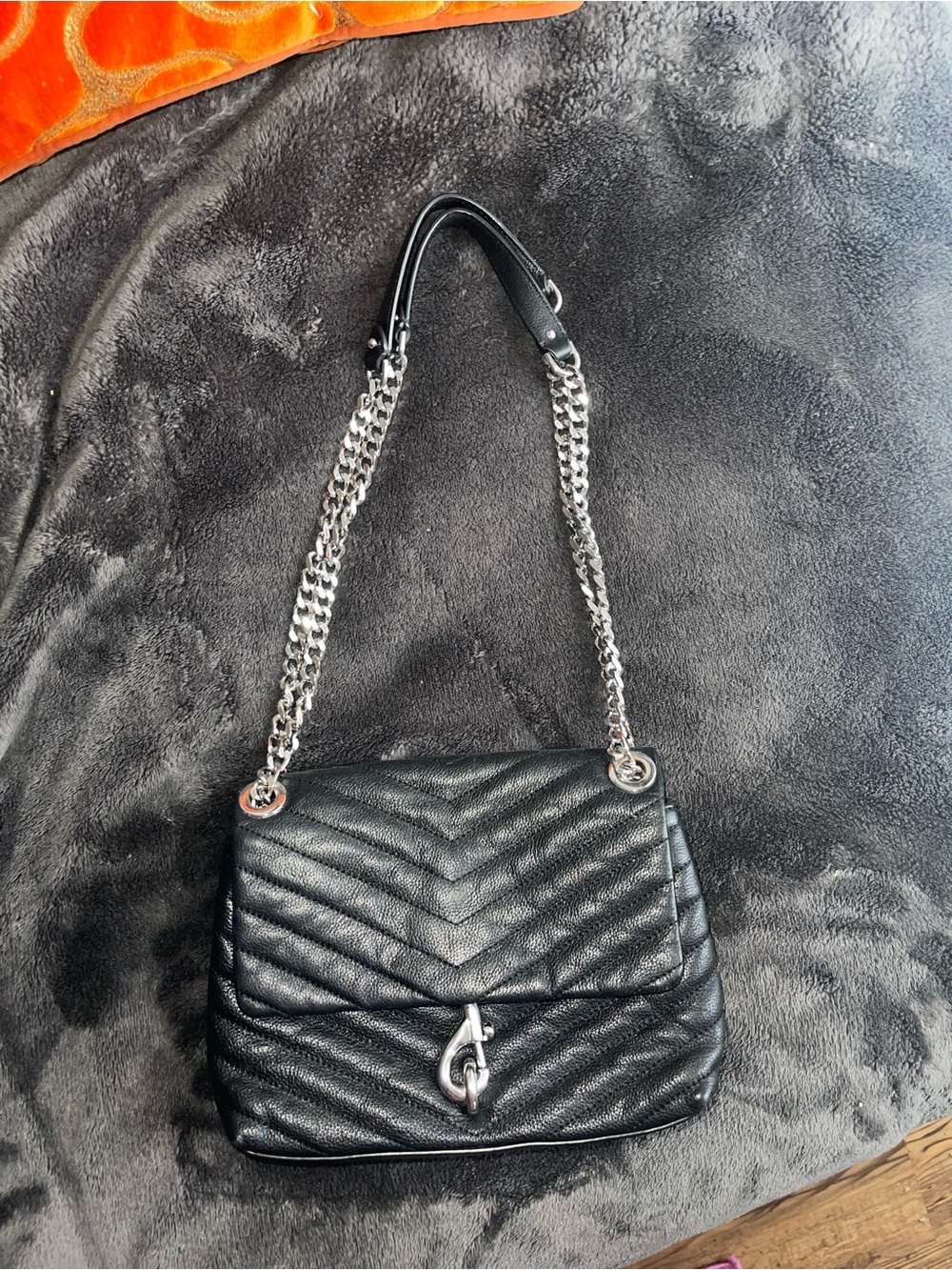 Rebecca Minkoff Quilted Chevron Black Shoulder Bag with Silver Chain